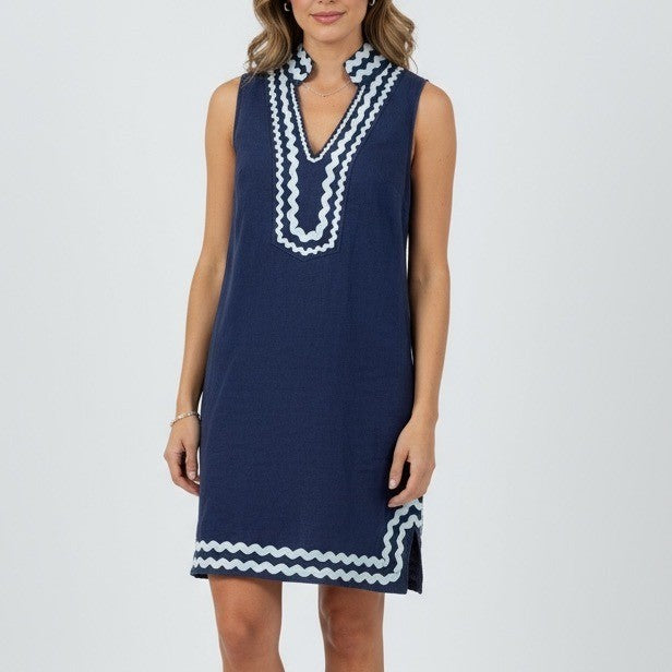 STS Sail to Sable Navy Blue Linen Scallop Trim Sleeveless Tunic Dress XS
