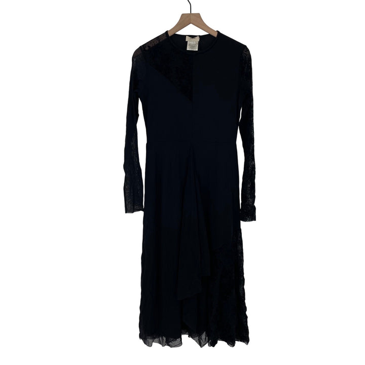 FUZZI Black Lace Sheer Sleeve Midi Dress XL Made Italy Asymmetrical Ruffle