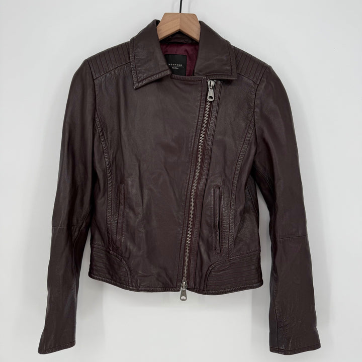 Weekend Max Mara Womens Leather Moto Jacket Burgundy Asymmetrical Zip Moto Style