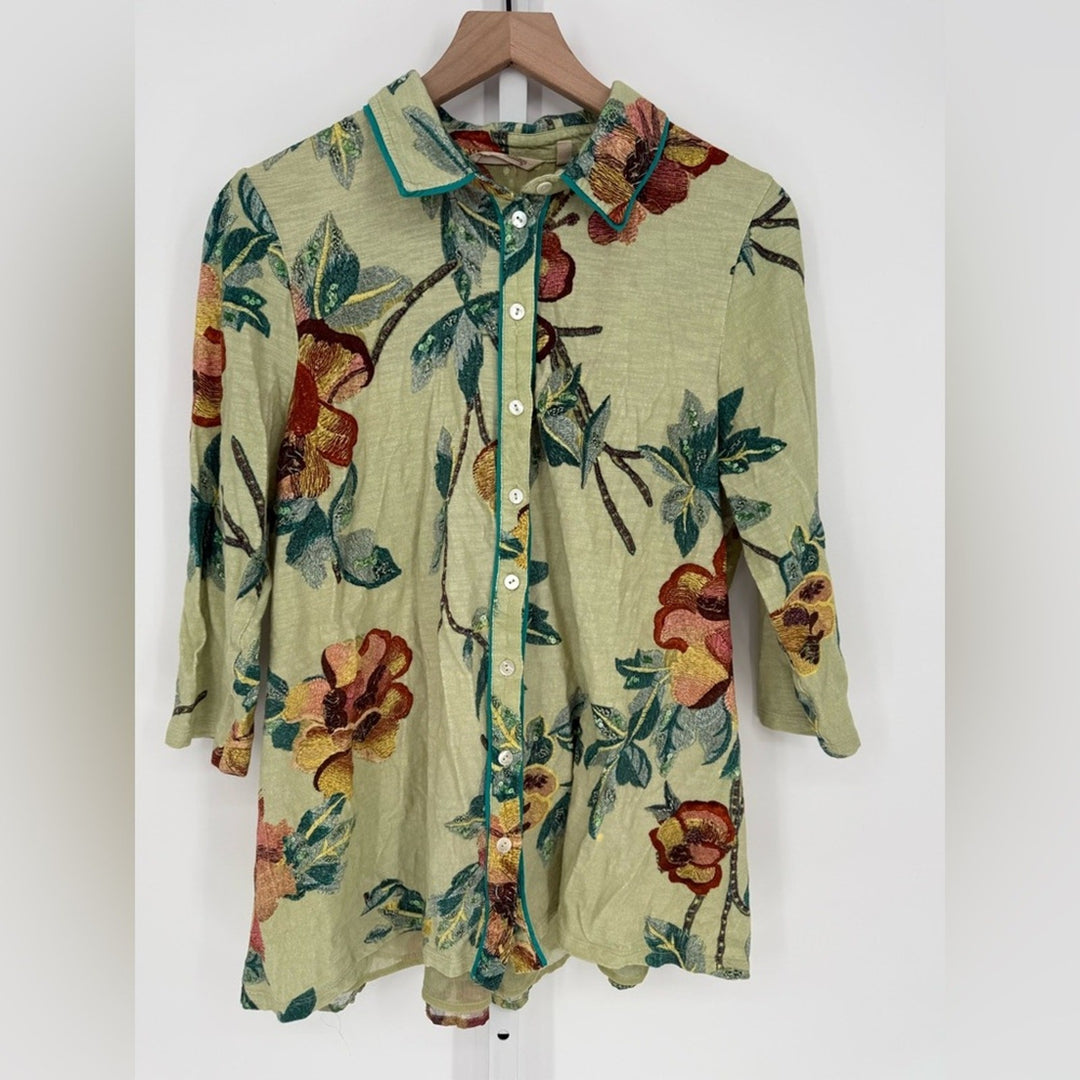 Soft Surroundings Elana Green Tropical Floral Button Tunic Top Size PL