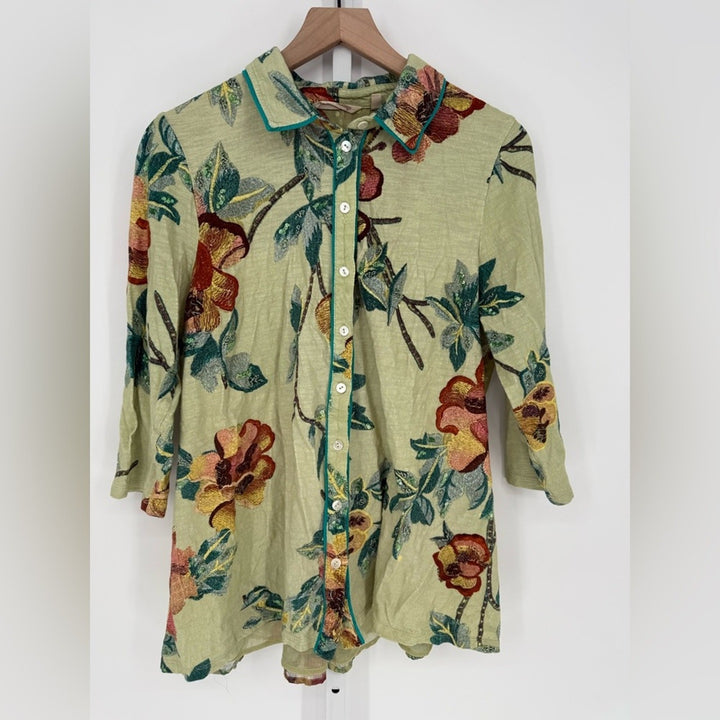 Soft Surroundings Elana Green Tropical Floral Button Tunic Top Size PL