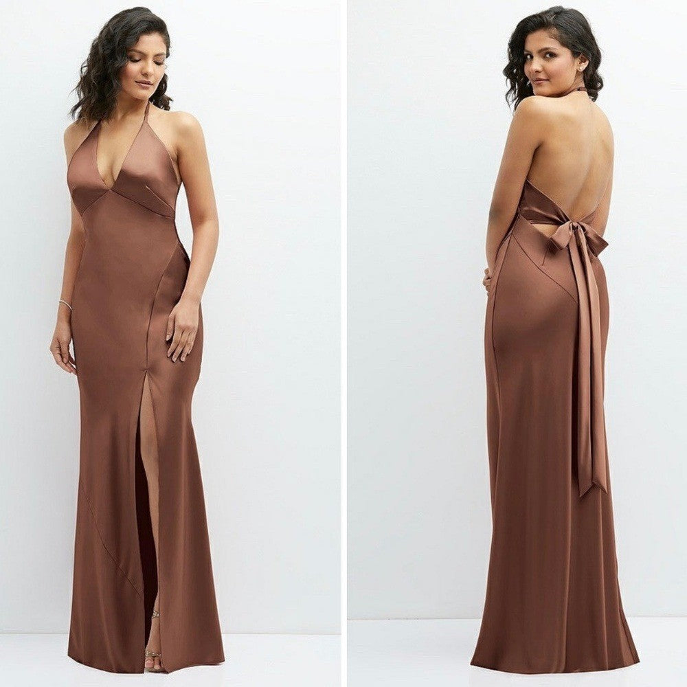 After Six Plunge Halter Open-Back Maxi Bias Dress Size M