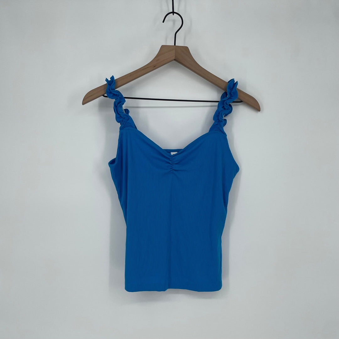 BP Ribbed Tank Top Blue Ruffle Strap Ruched V Neck Size M