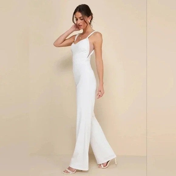 Lulus Love Aglow White Pearl Beaded Sleeveless Straight Leg Jumpsuit Size XL