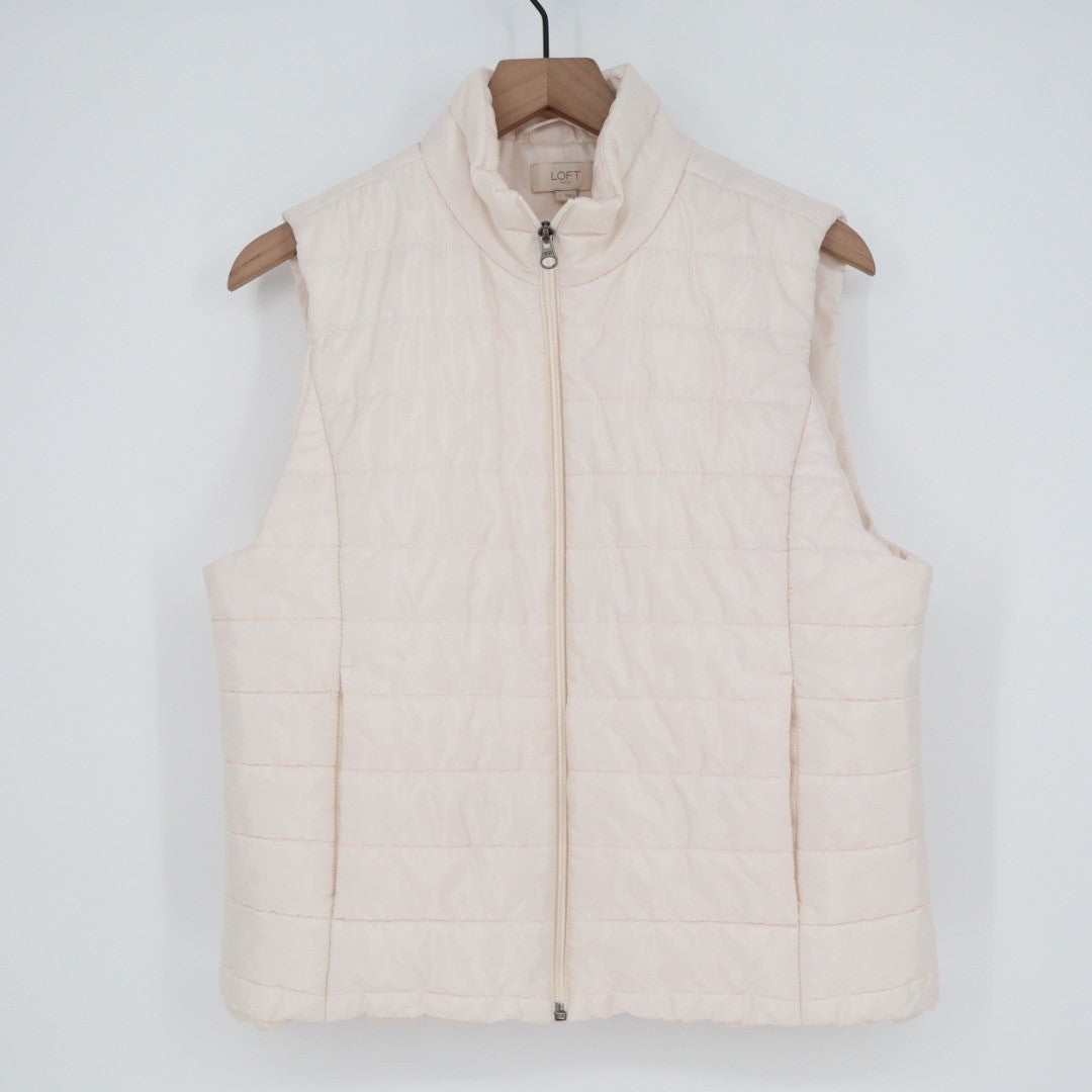 LOFT Outlet Puffer Vest Womens Size L Cream Quilted Full Zip Mock Neck