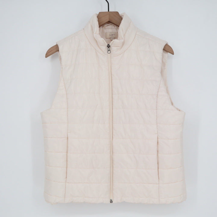LOFT Outlet Puffer Vest Womens Size L Cream Quilted Full Zip Mock Neck