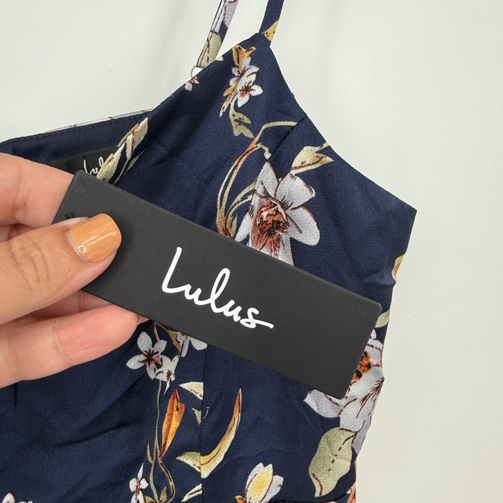 Lulus My Favorite Day Navy Blue Floral Print Tulip Skirt Midi Dress Size M