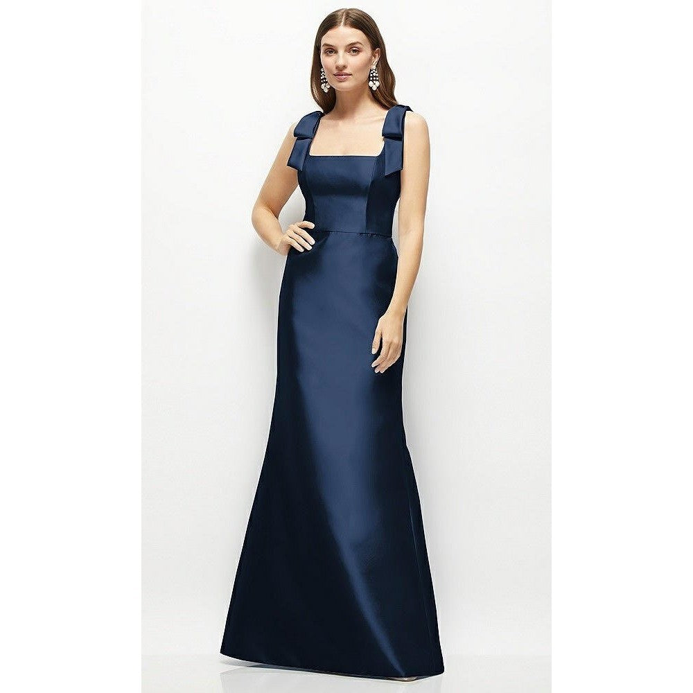 Alfred Sung Navy Square Neck Bow Shoulder Maxi Dress Formal Evening Gown