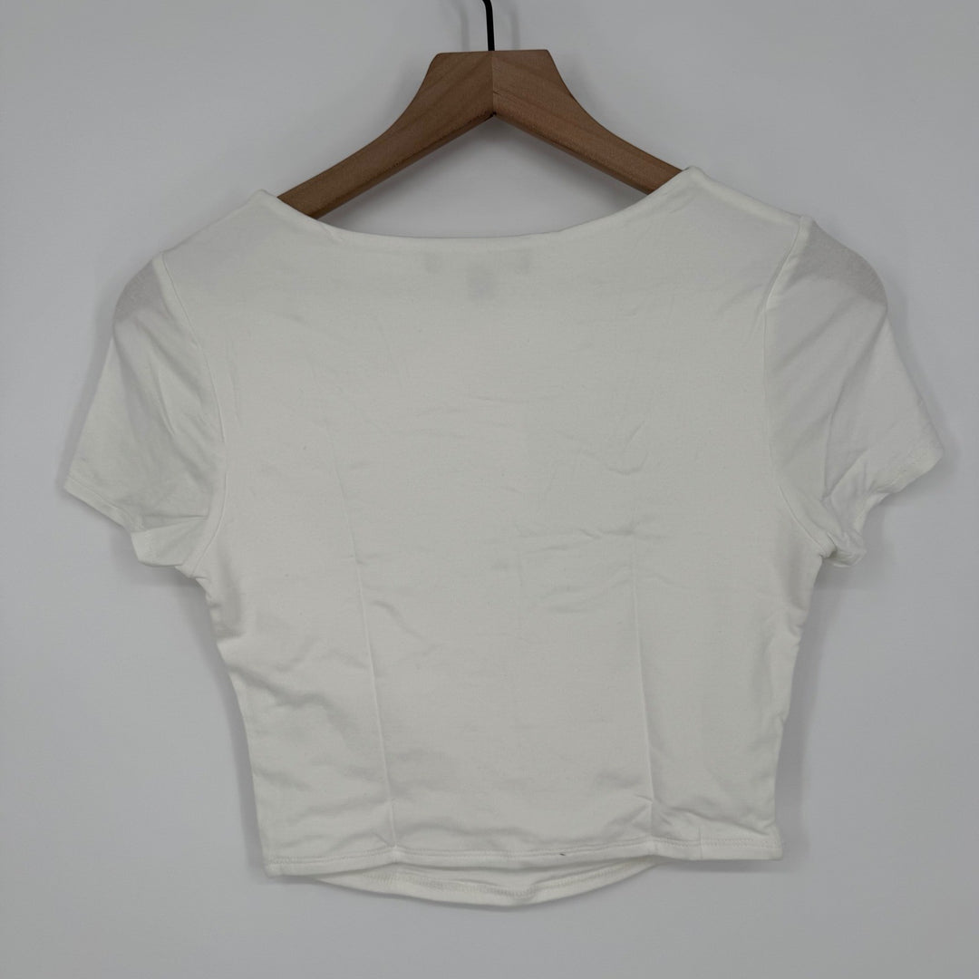 FORE Off White Twist Front Cutout Short Sleeve Crop Top Tee