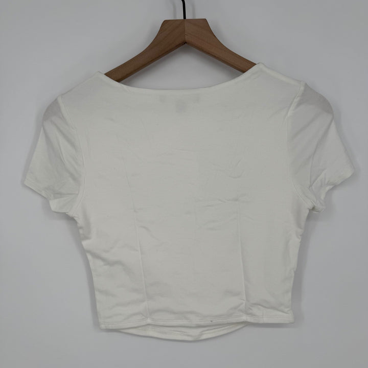 FORE Off White Twist Front Cutout Short Sleeve Crop Top Tee