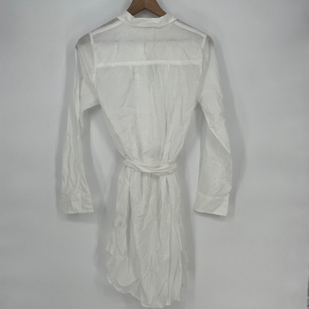 J. Crew White Button Down Shirt Dress Tie Waist Sheer Linen Blend Size S