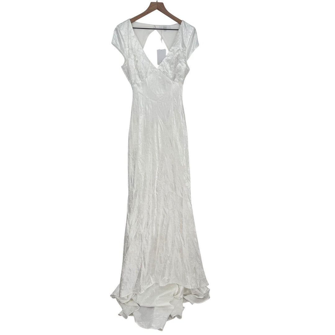 Lulus Loveliest Dream White Satin Jacquard Backless Mermaid Maxi Dress Size L