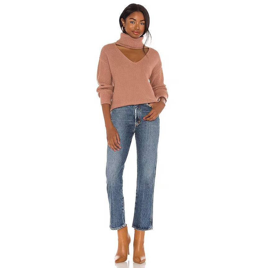 Lovers + Friends Tove Sweater in Camel Cutout Turtleneck Ribbed Knit Pullover S