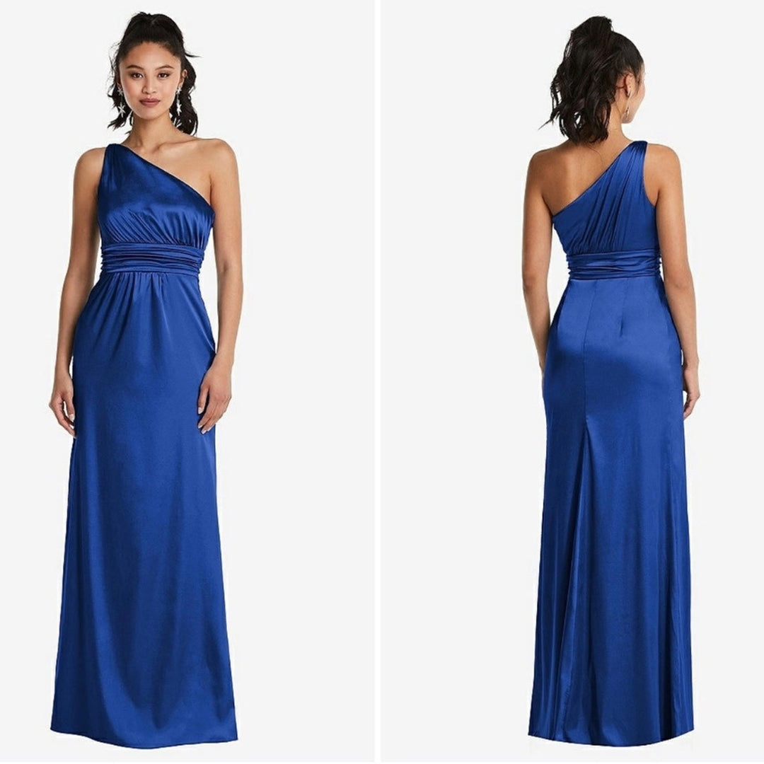 Thread One-Shoulder Draped Satin Maxi Dress In Sapphire Size 22