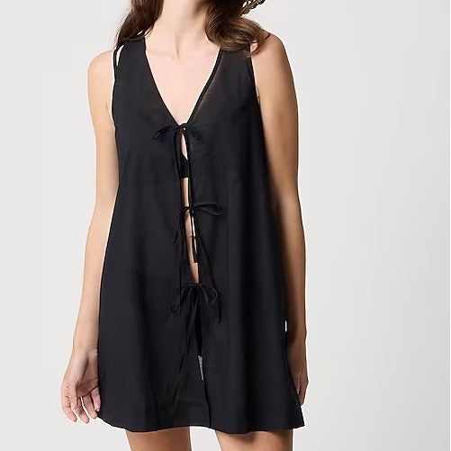 J Crew Black V Neck Tie Front Sleeveless Mini Dress XXS Made In India