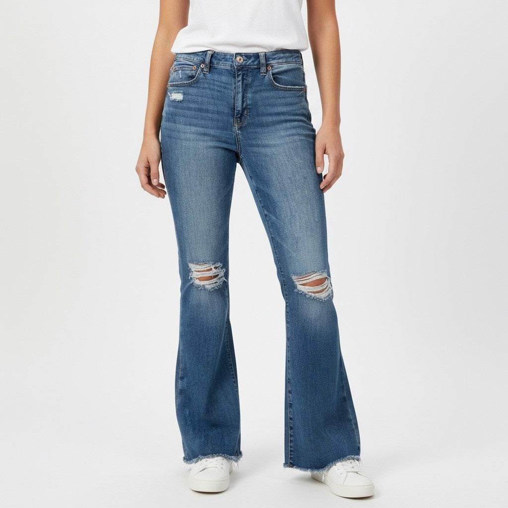 American Eagle Flared Distressed Jeans Blue Denim Next Level Stretch Size 4