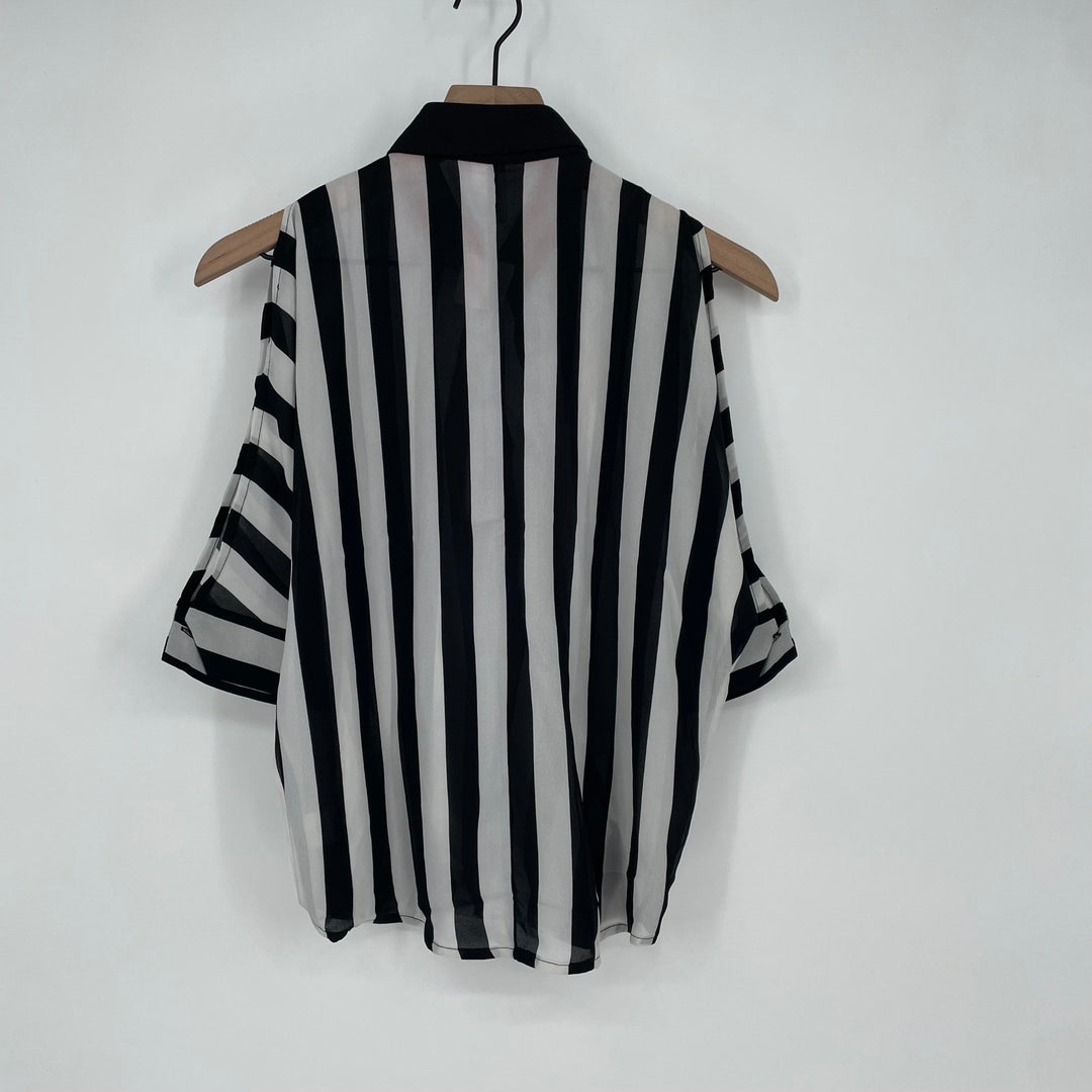 Line & Dot Black White Stripe Cold Shoulder Collared Blouse XS