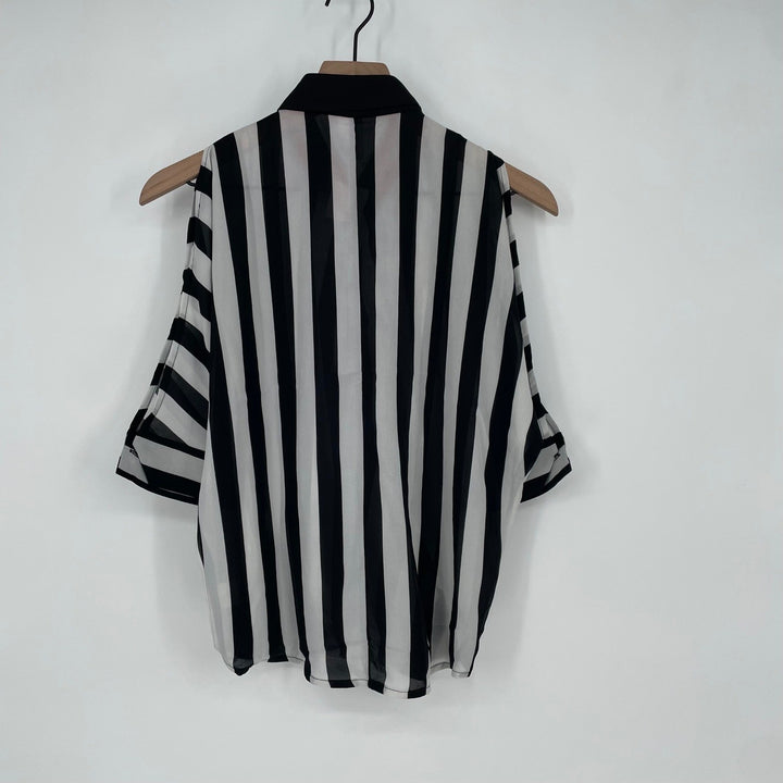 Line & Dot Black White Stripe Cold Shoulder Collared Blouse XS
