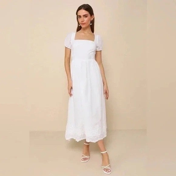Lulus Stylish Merriment White Puff Sleeve Embroidered Midi Dress Size M