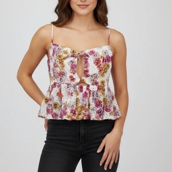 Wayf Eyelet Peplum Cami Top Cut Out Tie Front Sleeveless Floral XL