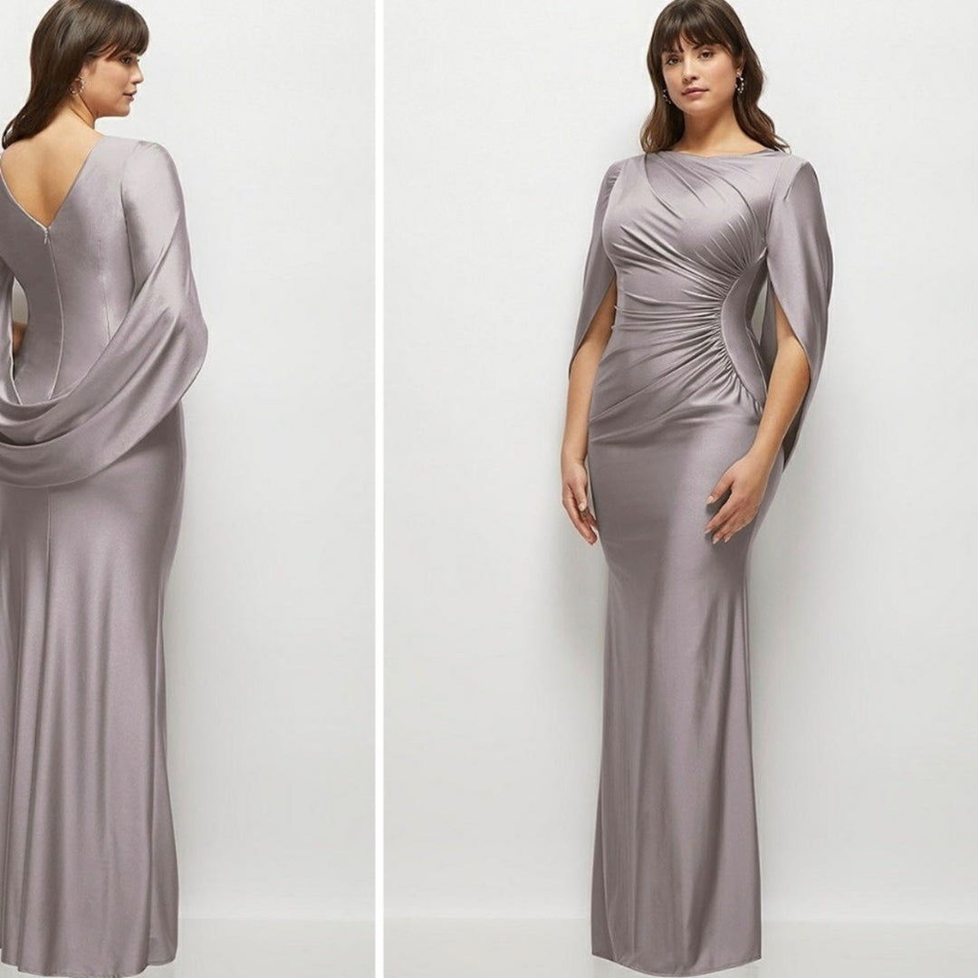 After Six Draped Stretch Satin Maxi Dress With Built-In Capelet Size S