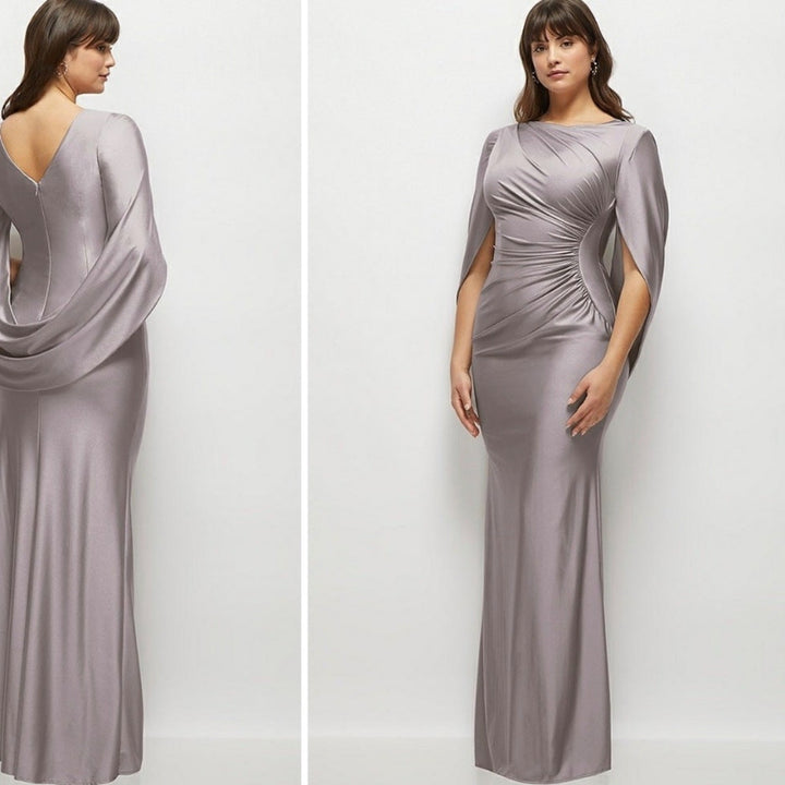 After Six Draped Stretch Satin Maxi Dress With Built-In Capelet Size S
