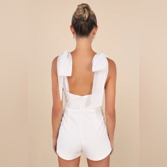 Lulus Certainly Aglow White Organza Pearl Tie-Strap V-Neck Romper Size L