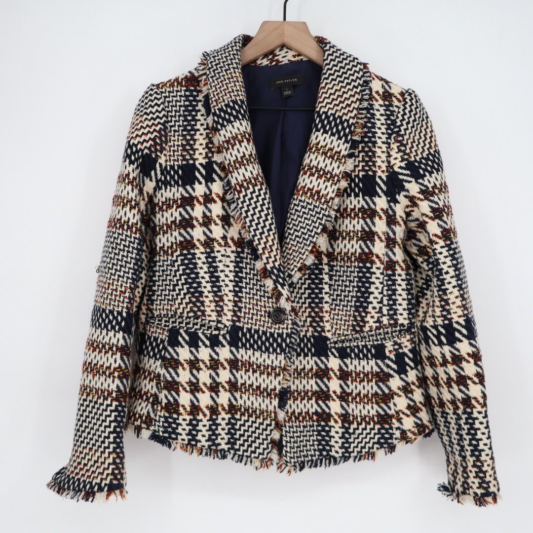 ANN TAYLOR Houndstooth Tweed Fringe Blazer Jacket Navy Cream Red Size 4