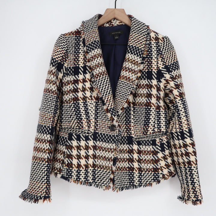 ANN TAYLOR Houndstooth Tweed Fringe Blazer Jacket Navy Cream Red Size 4