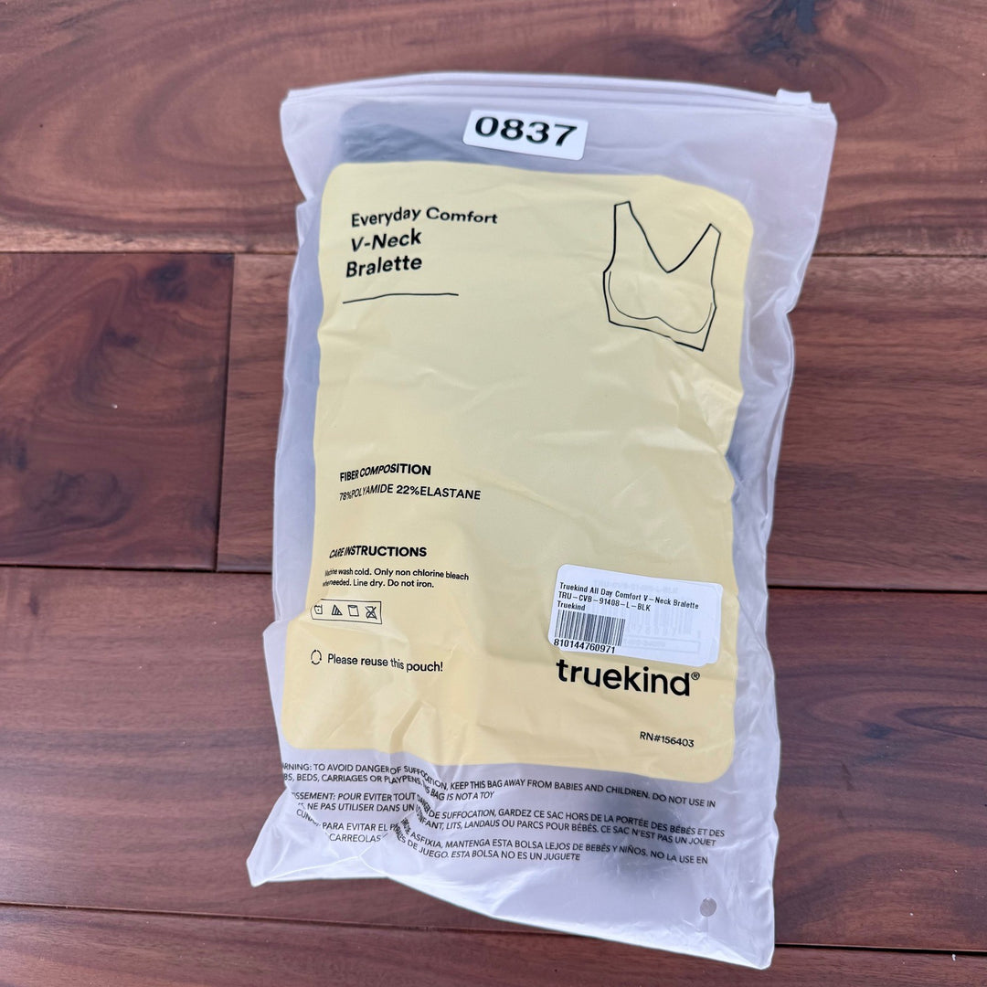 Truekind All Day Comfort V-Neck Bralette Black Everyday Bra Size Large