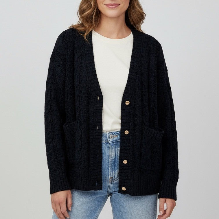 Zara Black Cable Knit Button Front Cardigan Sweater Size Medium