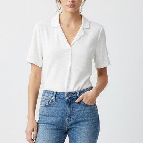 Hilary Radley White Short Sleeve Collared V Neck Blouse Top Size S