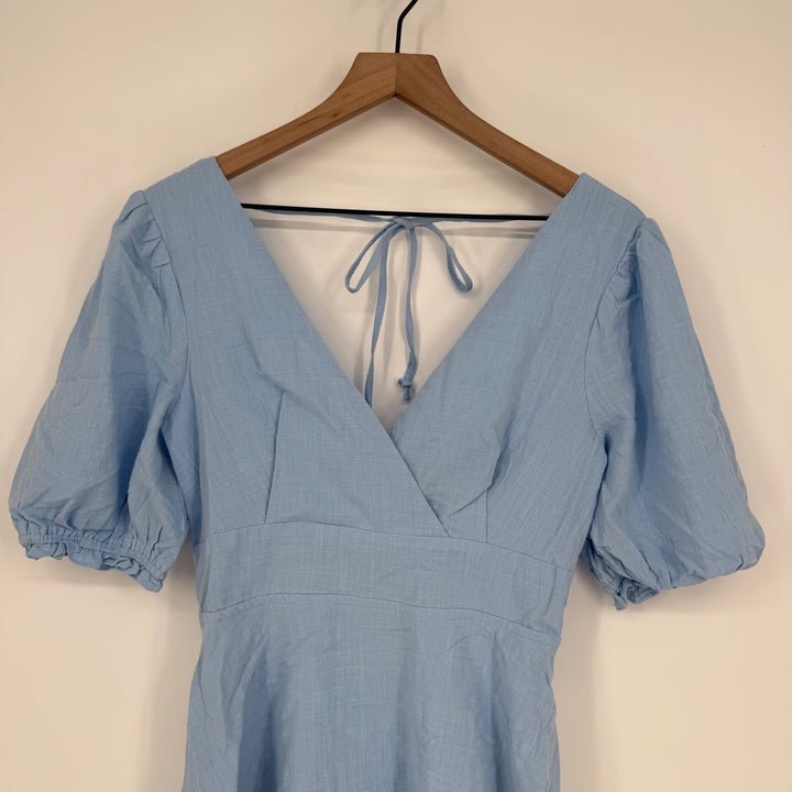 Lulus Dreaming Of Paris Blue Puff Sleeve Mini Dress With Pockets Size M