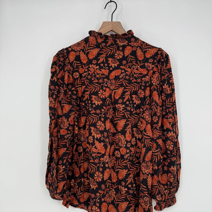 Elan XS Blouse Black Autumn Floral Print Long Sleeve Ruffle Neck Womens Top