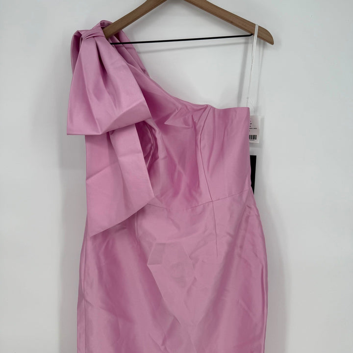Alfred Sung Oversized Bow One-Shoulder Satin Column Maxi Dress In Powder Pink
