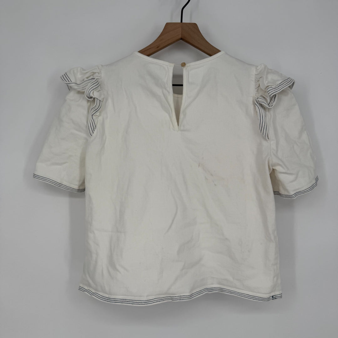 Saylor Nautical Harriette Denim Top Women Large White Cotton Ruffle Keyhole Back