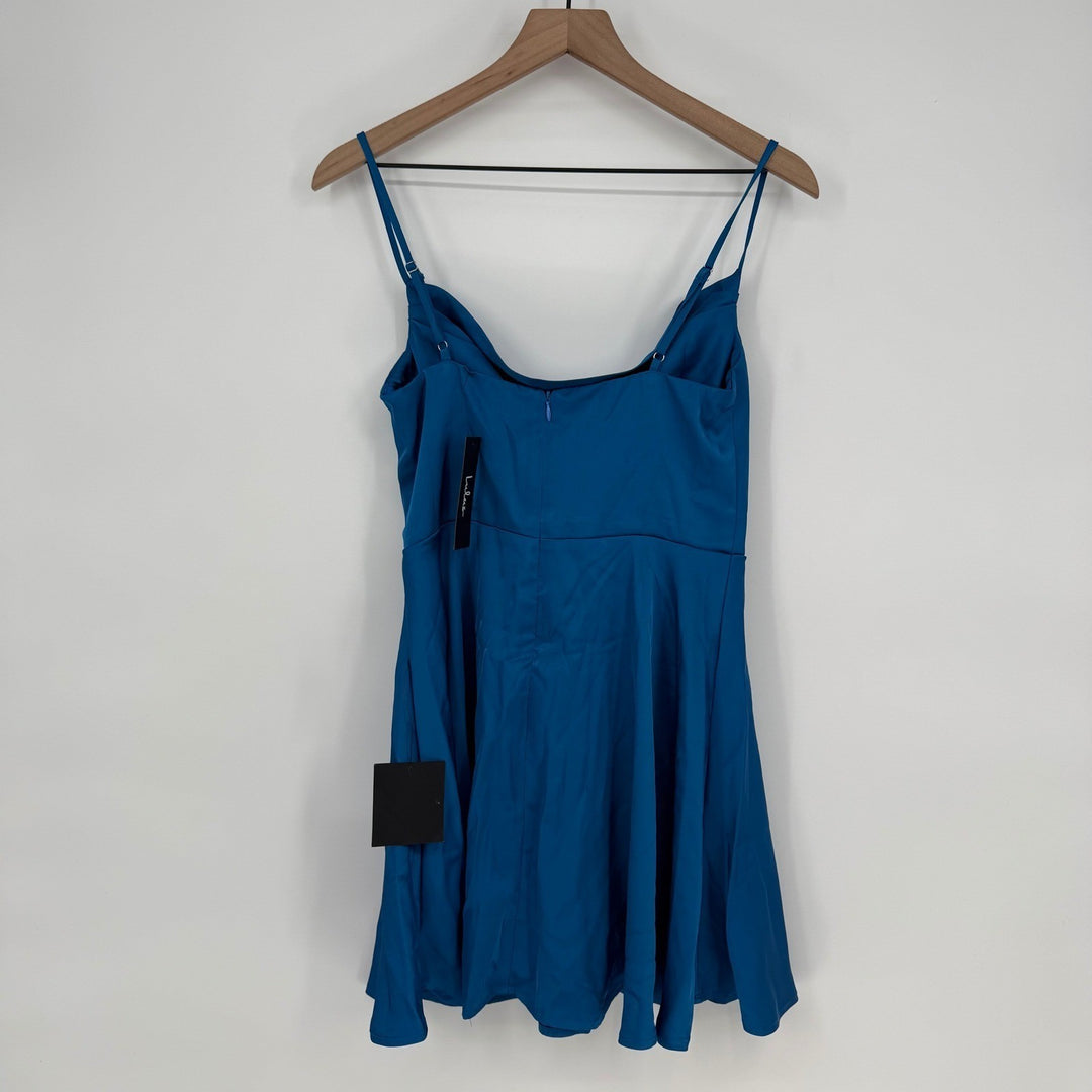Lulus Fanciful Flirt Royal Blue Satin Cowl Neck Skater Mini Dress Size S
