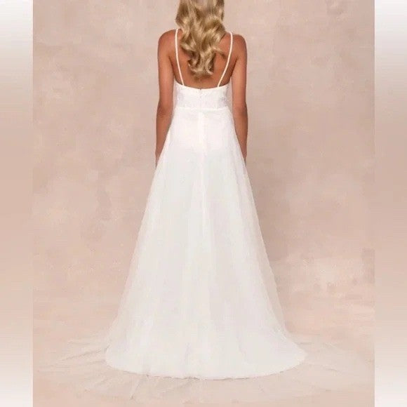 Lulus Love Perfection White Lace Tule Pearl Beaded Maxi Dress Size M