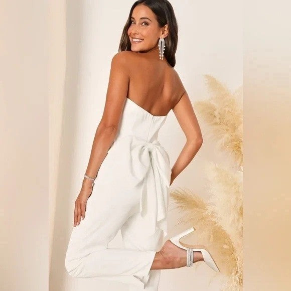 Lulus Beloved Bliss Ivory Strapless Slim Leg Bow Jumpsuit Size S