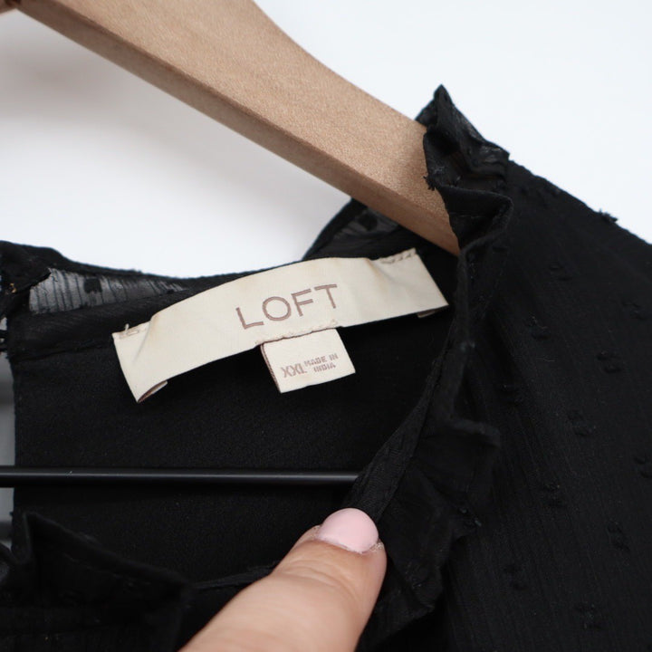 LOFT Black Ruffled Mock Neck Swiss Dot Blouse XXL