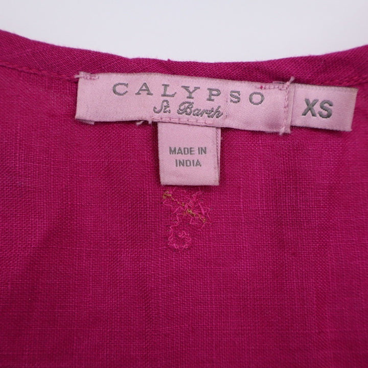 Calypso St Barth Pink Linen Beaded Pom Pom Flounce Dress XS
