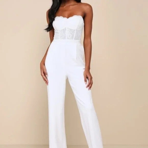 Lulus Positively White Lace Strapless Bustier Jumpsuit Size M