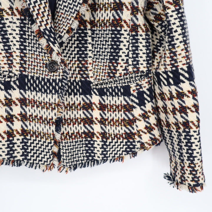 ANN TAYLOR Houndstooth Tweed Fringe Blazer Jacket Navy Cream Red Size 4