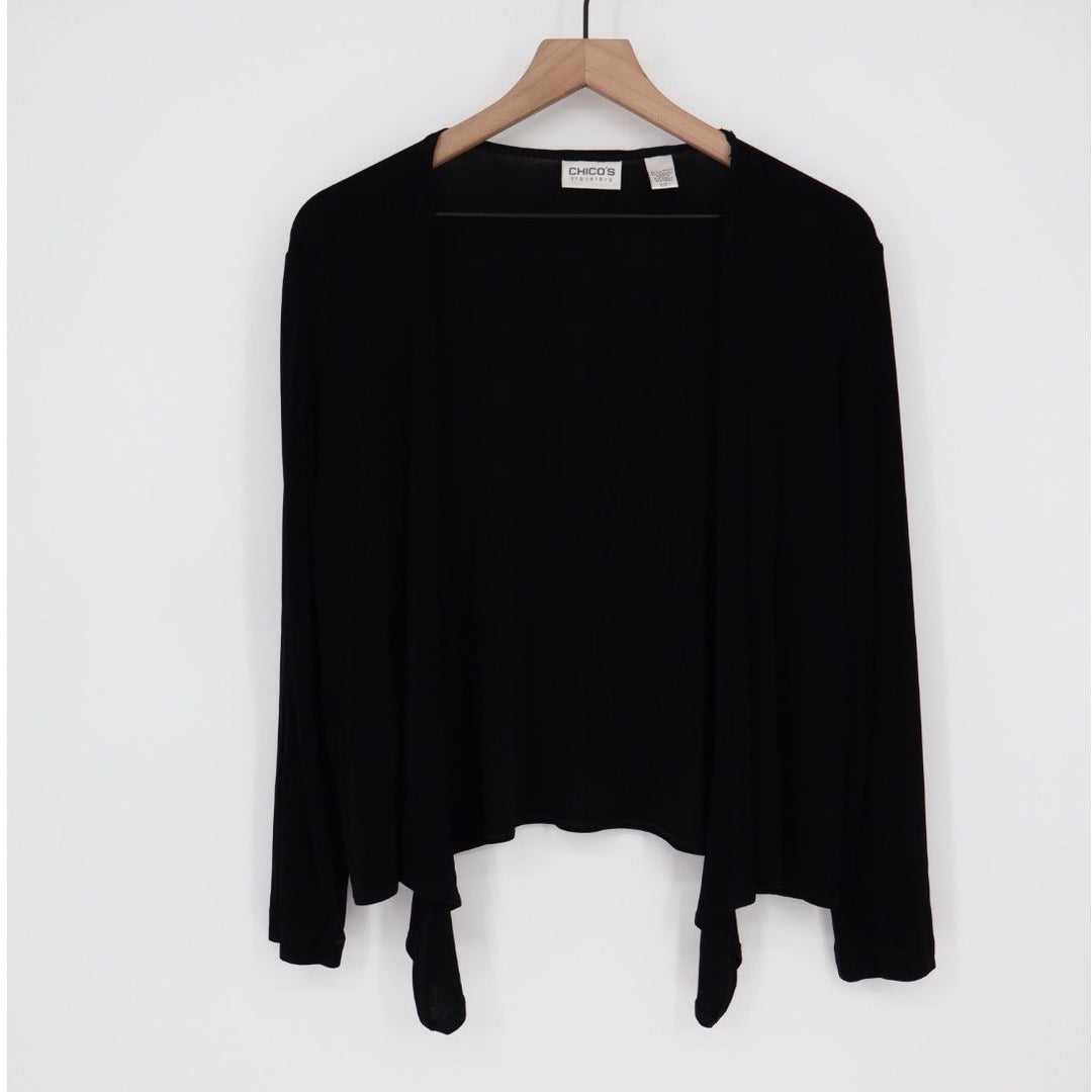Chicos Travelers Black Open Front Cardigan Sweater Tie Hem Size 1