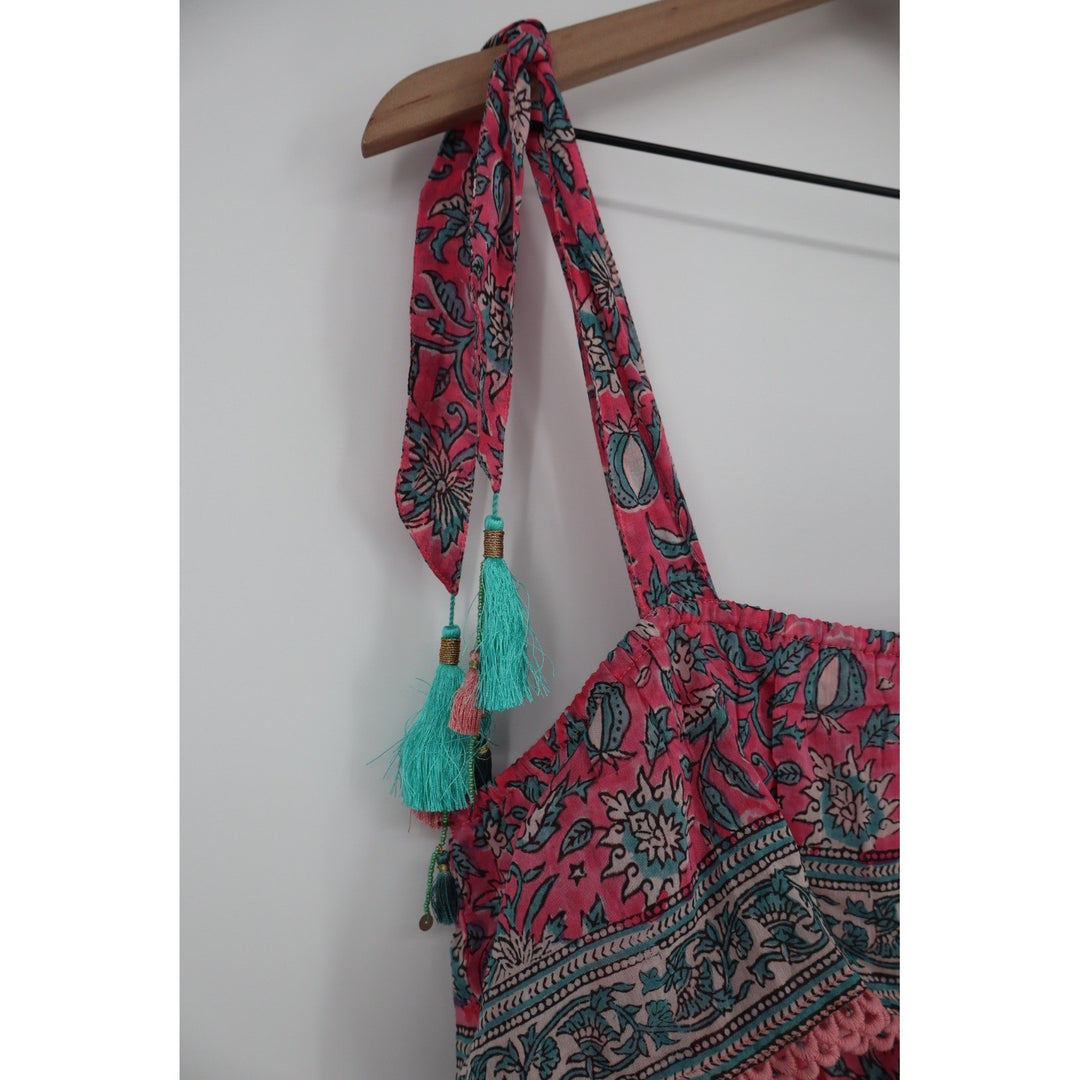 ALICIA BELL Floral Print Tassel Tie Shoulder Dress XL Red Blue Silk Cotton