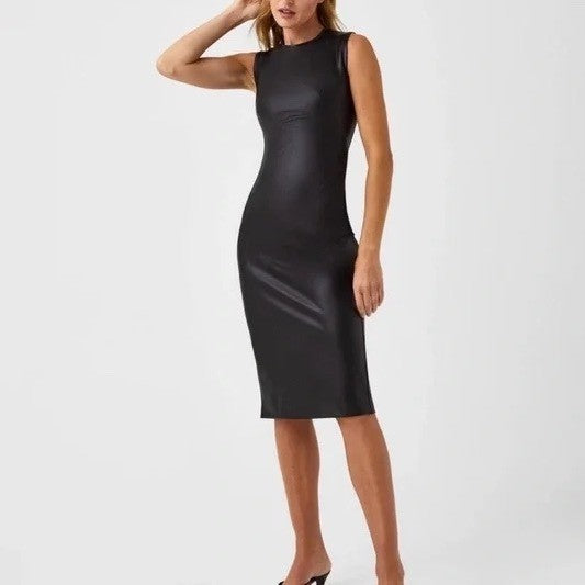 SPANX Il Fitted Dress Luxe Black Sleeveless Sheath Midi Bodycon Career Size S