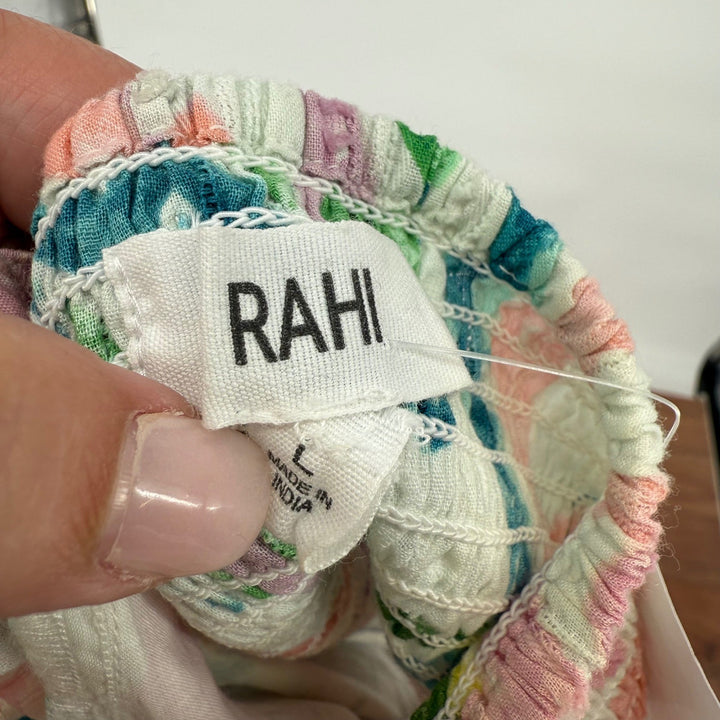 RAHI Maui Chantal Top L Floral Print Woven Rattan Ring Tie Back Crop