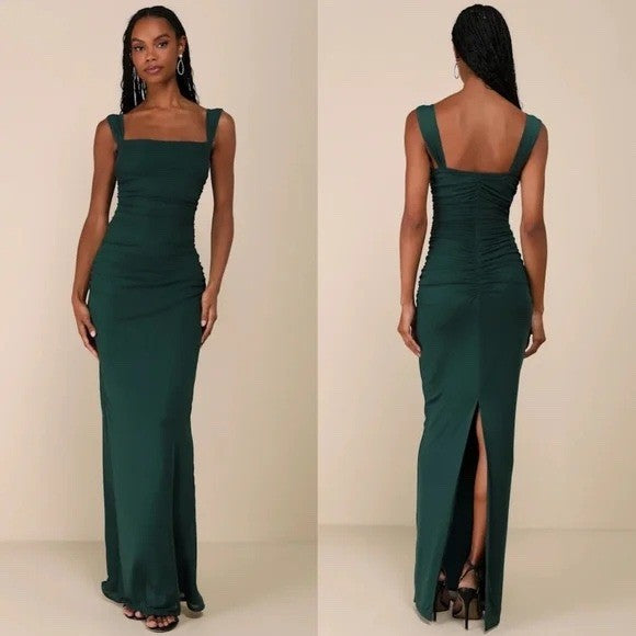 Lulus Amazing Presence Dark Green Mesh Ruched Column Maxi Dress Size XL