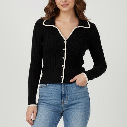 Lulus Black Ribbed Collared Button Up Cardigan Sweater Cream Trim Size M