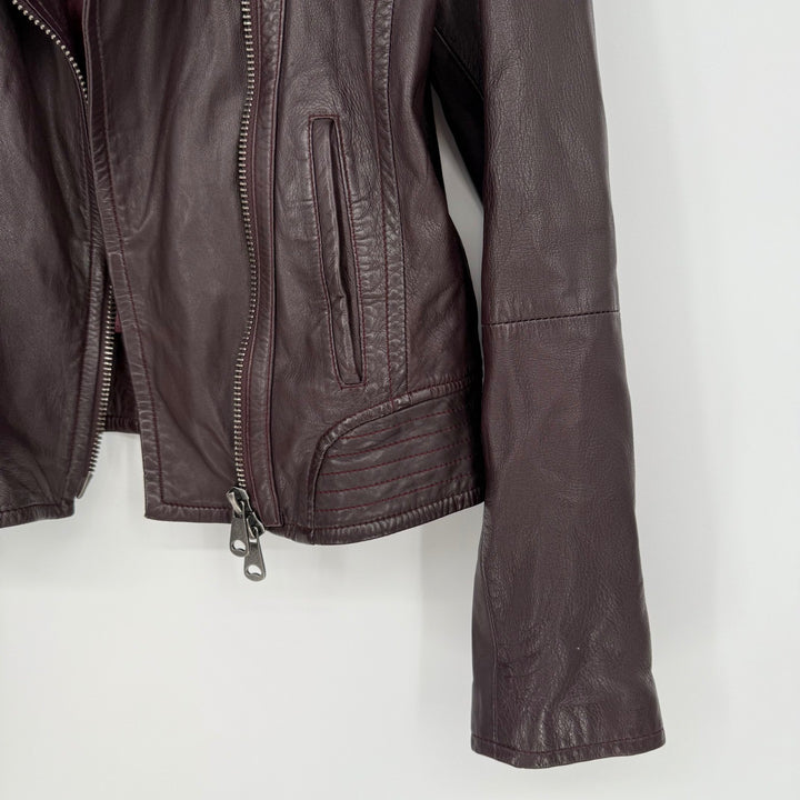 Weekend Max Mara Womens Leather Moto Jacket Burgundy Asymmetrical Zip Moto Style